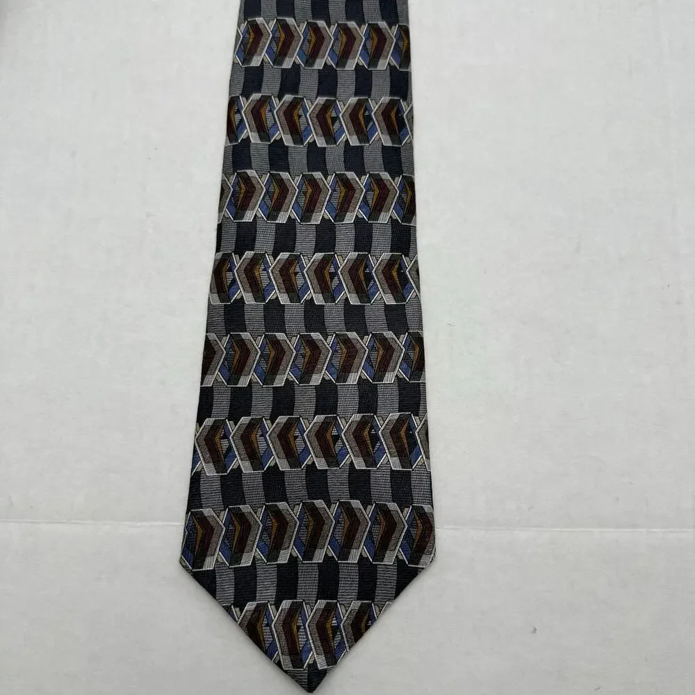 Oleg Cassini Silk Tie Gray Geometric Cube Print Black Blue Red Abstract
